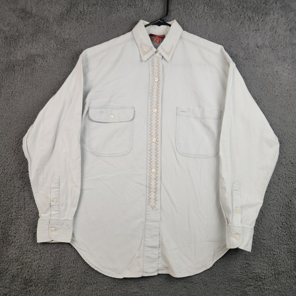 Vintage 90s American Eagle Button Down Shirt Womens Medium Blue Embroidered Boho